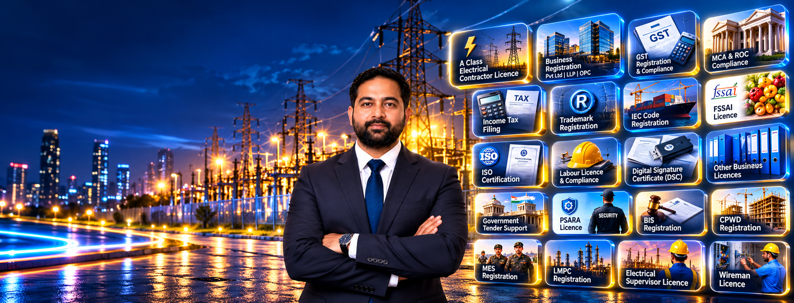 Electrical substation illuminated at night with business consultant
